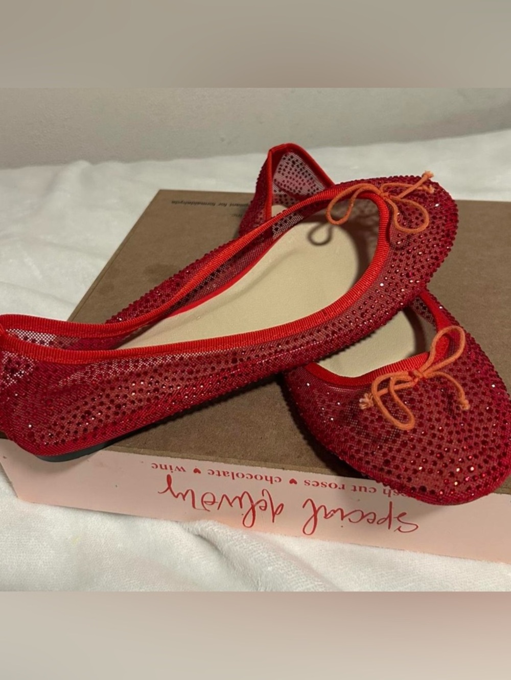 Red rhinestone ballet flats with bow detail women size 8